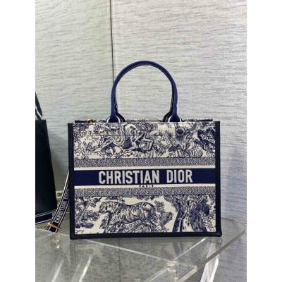 Dior Medium Book Tote Bag With Strap in Blue Toile de Jouy Sauvage Embroidery CDBS2469