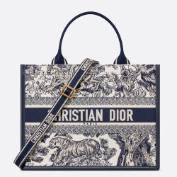 Dior Medium Book Tote Bag With Strap in Blue Toile de Jouy Sauvage Embroidery CDBS2469