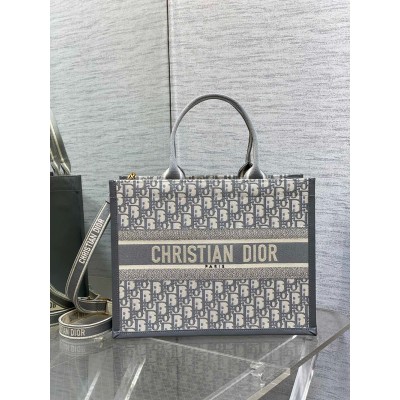 Dior Medium Book Tote Bag With Strap in Oblique Embroidery and Grey Calfskin CDBS2471