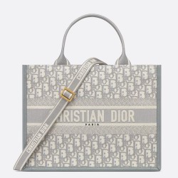 Dior Medium Book Tote Bag With Strap in Oblique Embroidery and Grey Calfskin CDBS2471