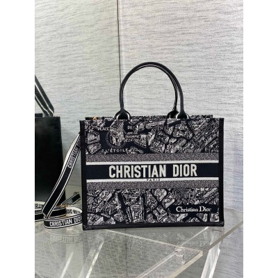 Dior Medium Book Tote Bag With Strap in Plan de Paris Embroidery and Black Calfskin CDBS2472