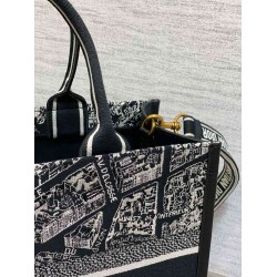 Dior Medium Book Tote Bag With Strap in Plan de Paris Embroidery and Black Calfskin CDBS2472