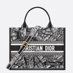 Dior Medium Book Tote Bag With Strap in Plan de Paris Embroidery and Black Calfskin CDBS2472