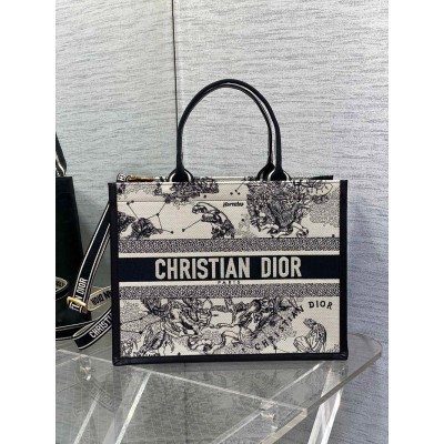 Dior Medium Book Tote Bag With Strap in White Dior Zodiac Embroidery CDBS2474