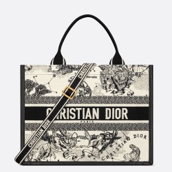 Dior Medium Book Tote Bag With Strap in White Dior Zodiac Embroidery CDBS2474