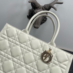 Dior Medium Book Tote Bag With Strap in White Macrocannage Calfskin CDBS2475