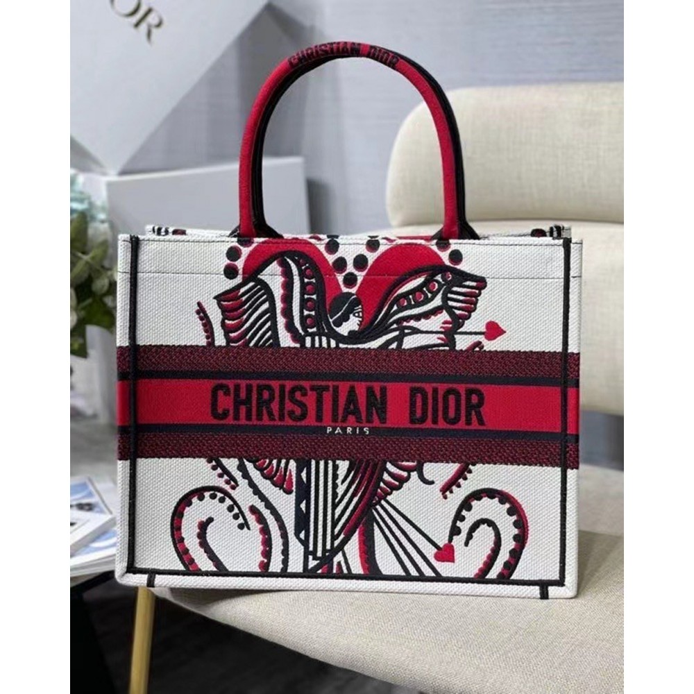 Dior Medium Book Tote In Latte Multicolor Cupidon Embroidery CDBS2480