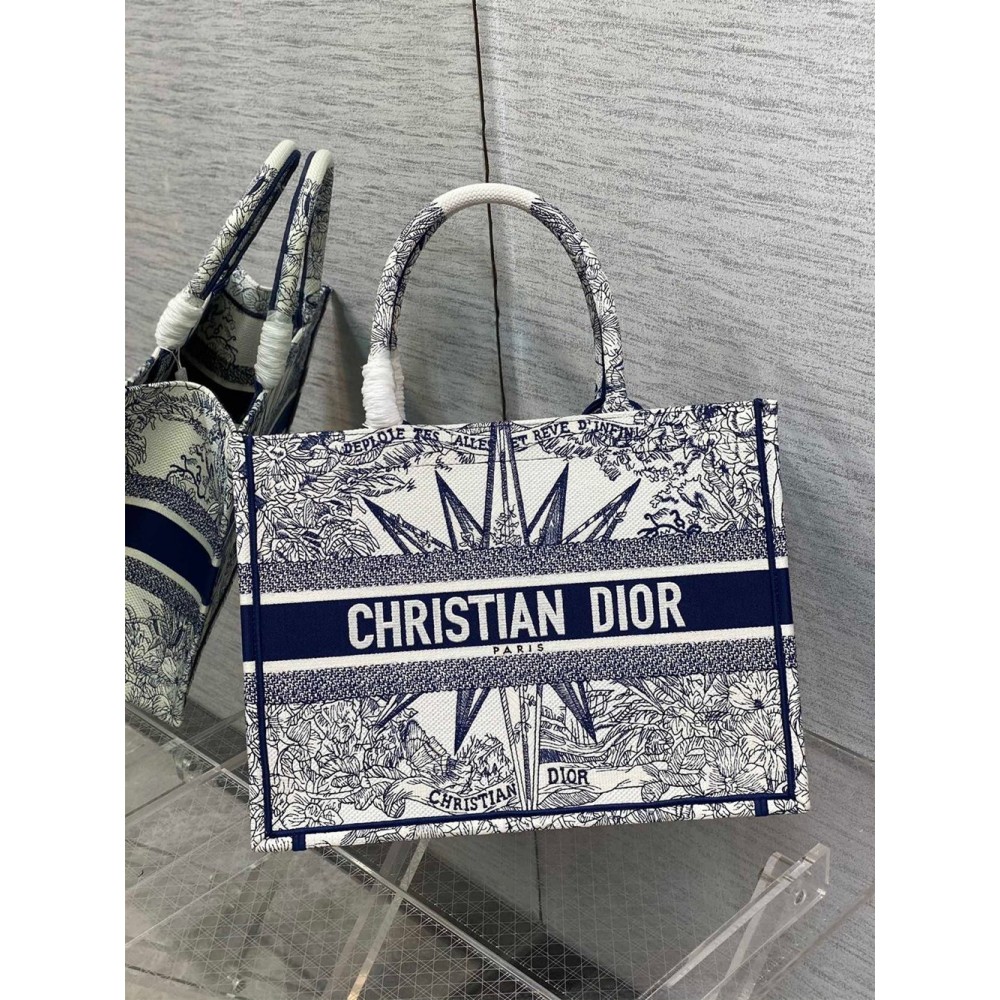 Dior Medium Dior Book Tote In White and Blue Reve d'Infini Embroidery CDBS2483