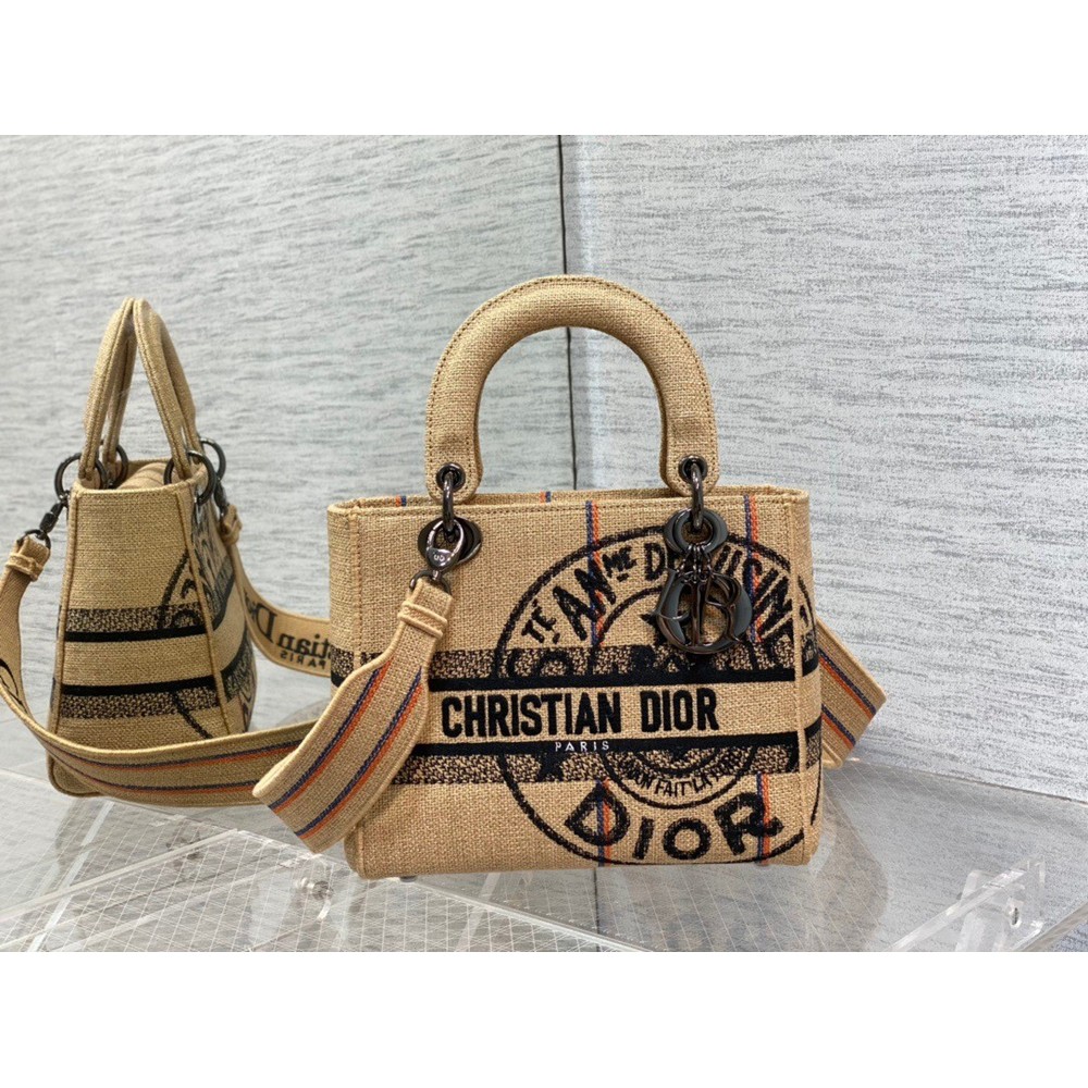 Dior Medium Lady D-Lite Bag In Beige Jute Canvas With Dior Union Motif CDBS2528