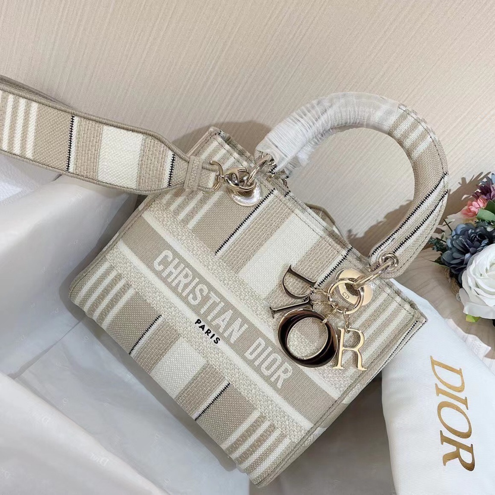 Dior Medium Lady D-Lite Bag In Beige Stripes Embroidery CDBS2530