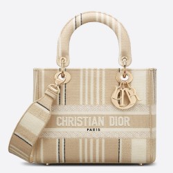 Dior Medium Lady D-Lite Bag In Beige Stripes Embroidery CDBS2530