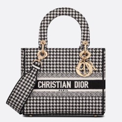 Dior Medium Lady D-Lite Bag In Black Houndstooth Embroidery CDBS2532