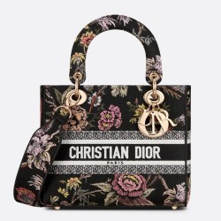 Dior Medium Lady D-Lite Bag In Black Jardin Botanique Embroidery CDBS2533