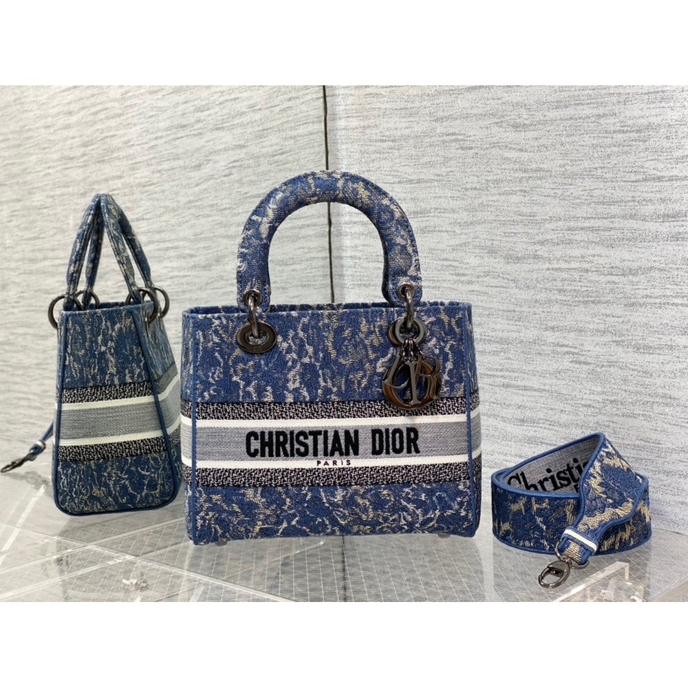 Dior Medium Lady D-Lite Bag In Blue Brocart Denim-Effect Embroidery CDBS2535