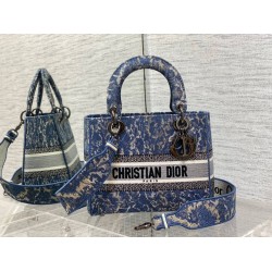 Dior Medium Lady D-Lite Bag In Blue Brocart Denim-Effect Embroidery CDBS2535