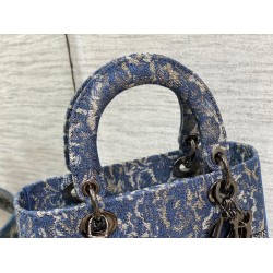 Dior Medium Lady D-Lite Bag In Blue Brocart Denim-Effect Embroidery CDBS2535