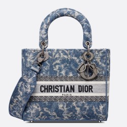 Dior Medium Lady D-Lite Bag In Blue Brocart Denim-Effect Embroidery CDBS2535