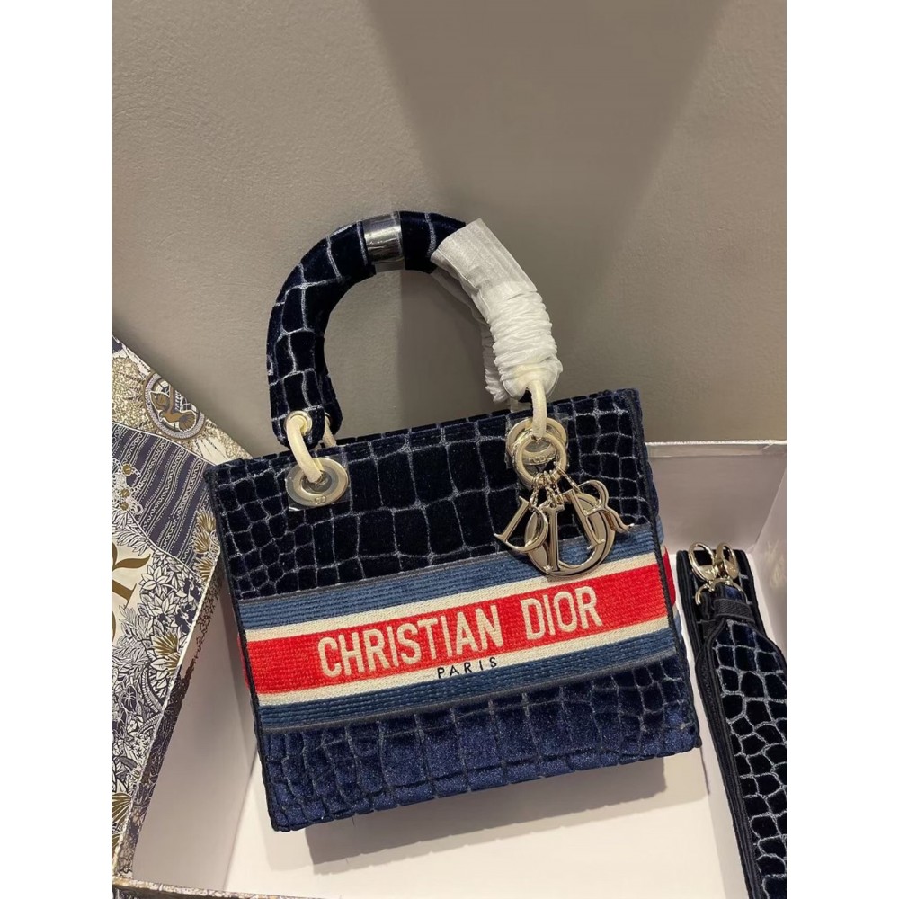 Dior Medium Lady D-Lite Bag In Blue Crocodile Embroidered Velvet CDBS2536