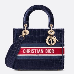 Dior Medium Lady D-Lite Bag In Blue Crocodile Embroidered Velvet CDBS2536