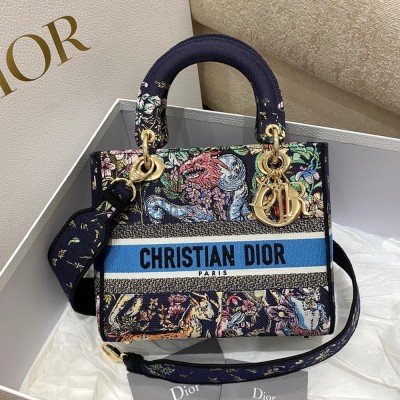 Dior Medium Lady D-Lite Bag In Blue D-Constellation Embroidery CDBS2537