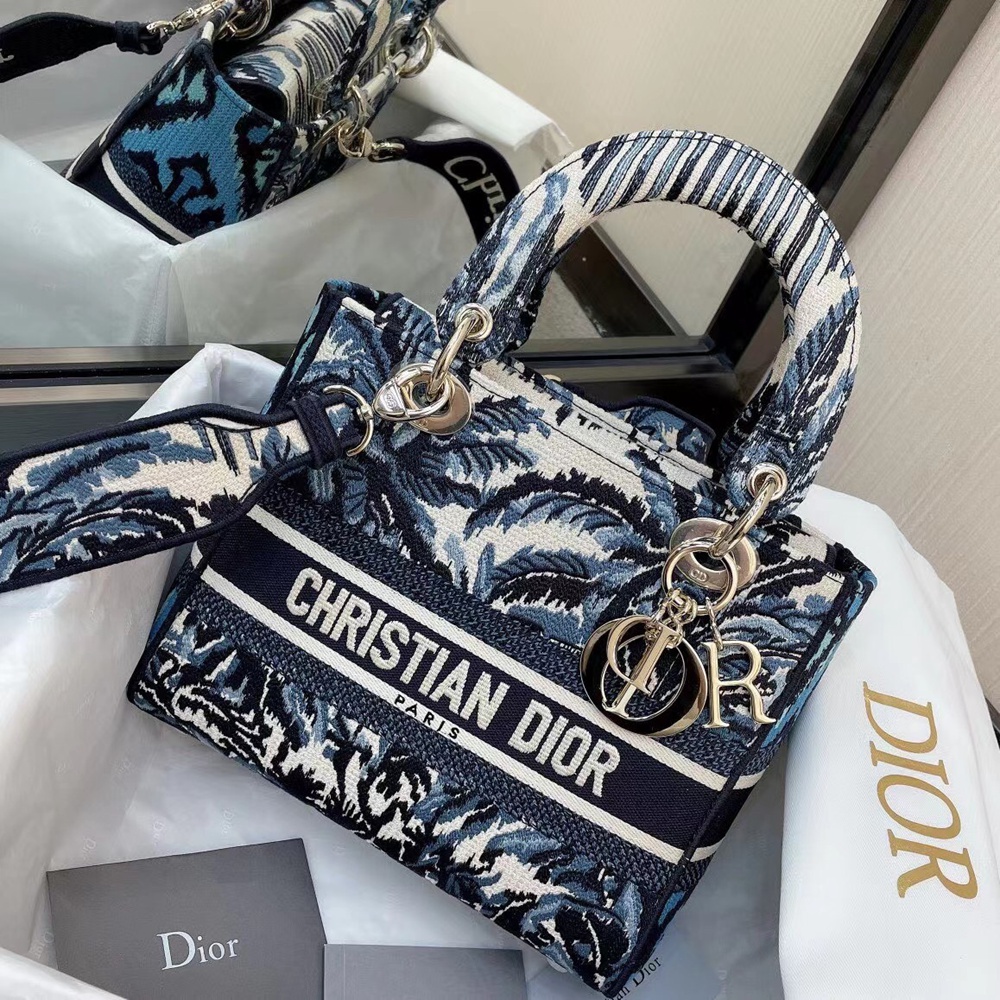 Dior Medium Lady D-Lite Bag In Blue Dior Palms Embroidery CDBS2538