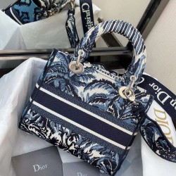 Dior Medium Lady D-Lite Bag In Blue Dior Palms Embroidery CDBS2538