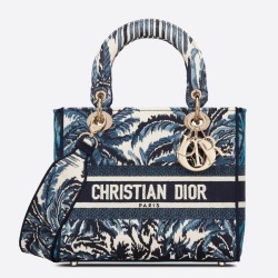 Dior Medium Lady D-Lite Bag In Blue Dior Palms Embroidery CDBS2538