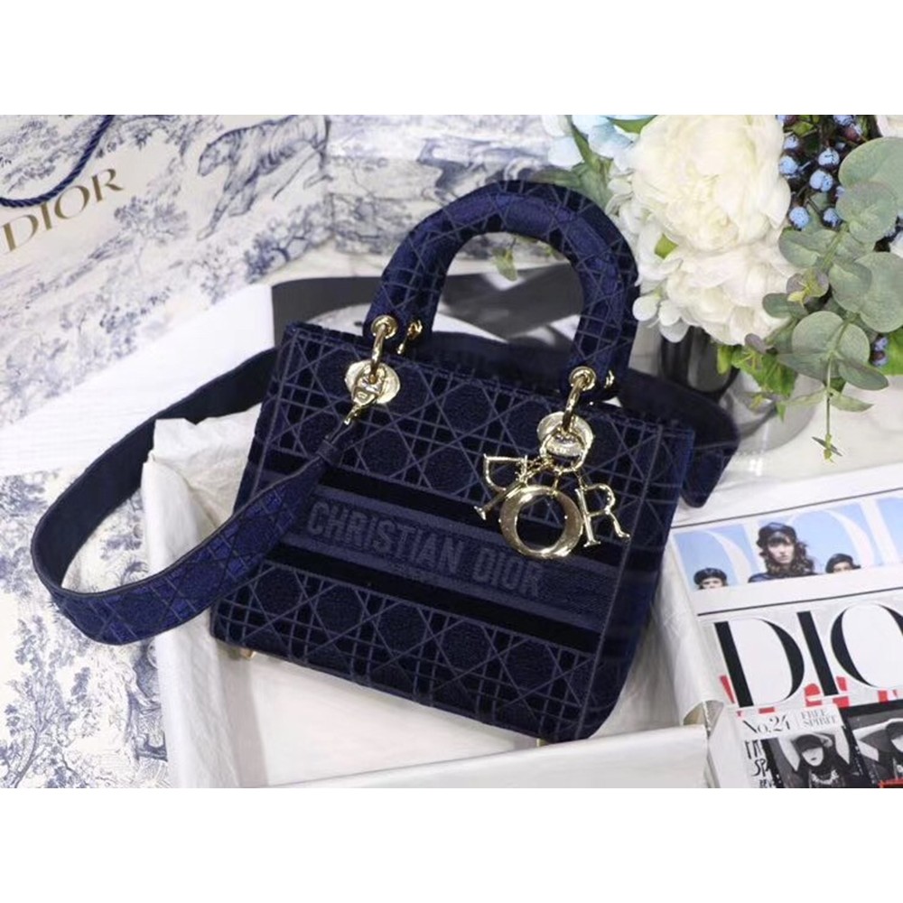 Dior Medium Lady D-Lite Bag In Blue Embroidered Velvet CDBS2540