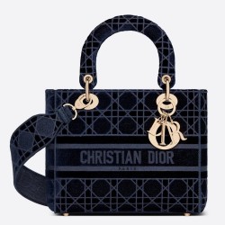 Dior Medium Lady D-Lite Bag In Blue Embroidered Velvet CDBS2540