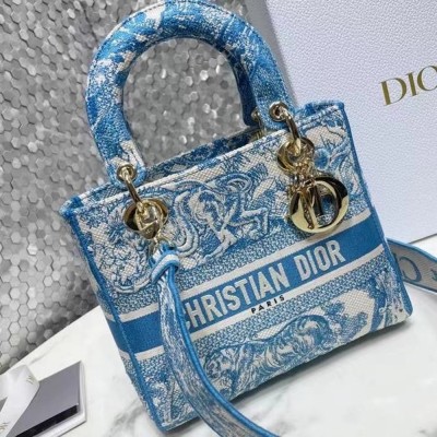 Dior Medium Lady D-Lite Bag In Blue Toile de Jouy Canvas CDBS2542