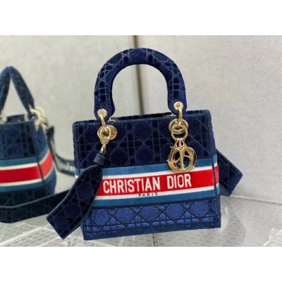 Dior Medium Lady D-Lite Bag In Blue Velvet Embroidery CDBS2544