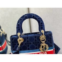 Dior Medium Lady D-Lite Bag In Blue Velvet Embroidery CDBS2544