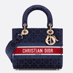 Dior Medium Lady D-Lite Bag In Blue Velvet Embroidery CDBS2544