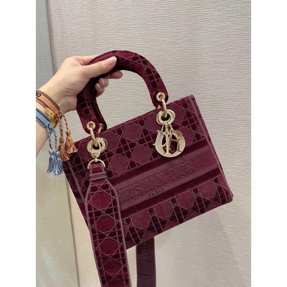 Dior Medium Lady D-Lite Bag In Bordeaux Embroidered Velvet CDBS2545