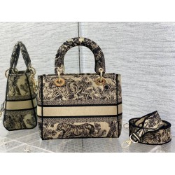 Dior Medium Lady D-Lite Bag In Brown Toile de Jouy Embroidery CDBS2546