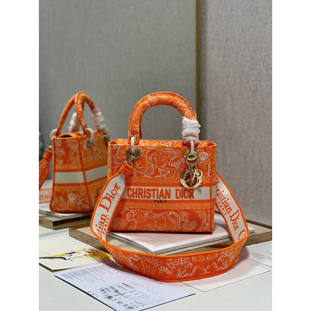 Dior Medium Lady D-Lite Bag In Fluorescent Orange Toile de Jouy Reverse Embroidery CDBS2549