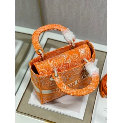 Dior Medium Lady D-Lite Bag In Fluorescent Orange Toile de Jouy Reverse Embroidery CDBS2549