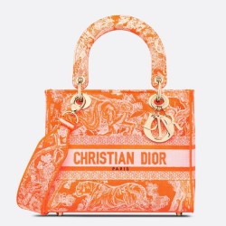 Dior Medium Lady D-Lite Bag In Fluorescent Orange Toile de Jouy Reverse Embroidery CDBS2549