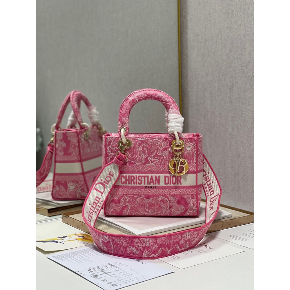 Dior Medium Lady D-Lite Bag In Fluorescent Pink Toile de Jouy Reverse Embroidery CDBS2550