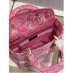 Dior Medium Lady D-Lite Bag In Fluorescent Pink Toile de Jouy Reverse Embroidery CDBS2550