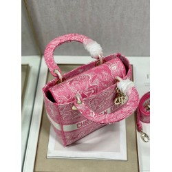 Dior Medium Lady D-Lite Bag In Fluorescent Pink Toile de Jouy Reverse Embroidery CDBS2550