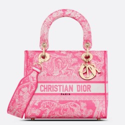 Dior Medium Lady D-Lite Bag In Fluorescent Pink Toile de Jouy Reverse Embroidery CDBS2550