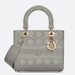 Dior Medium Lady D-Lite Bag In Gray Cannage Embroidery CDBS2552