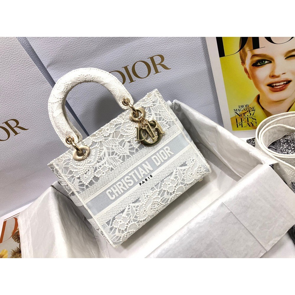 Dior Medium Lady D-Lite Bag In Natural Embroidery With Macrame Effect CDBS2559