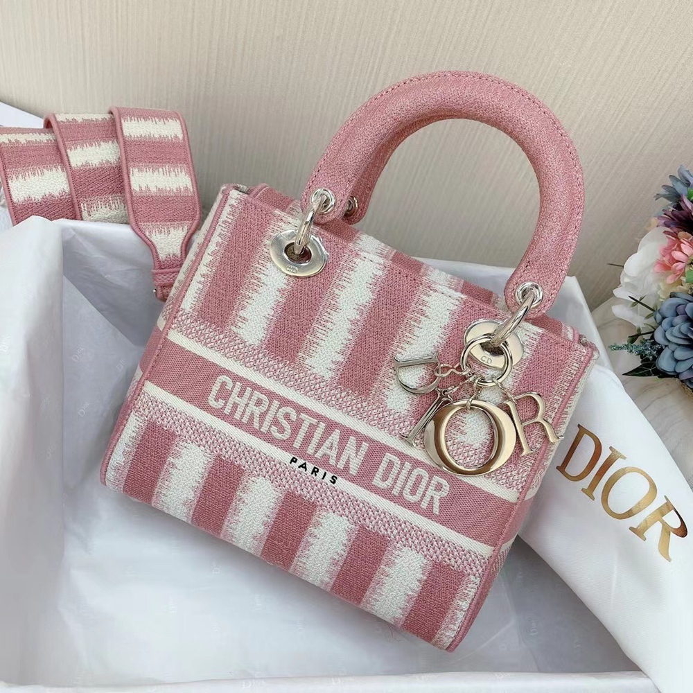 Dior Medium Lady D-Lite Bag In Pink D-Stripes Embroidery CDBS2560