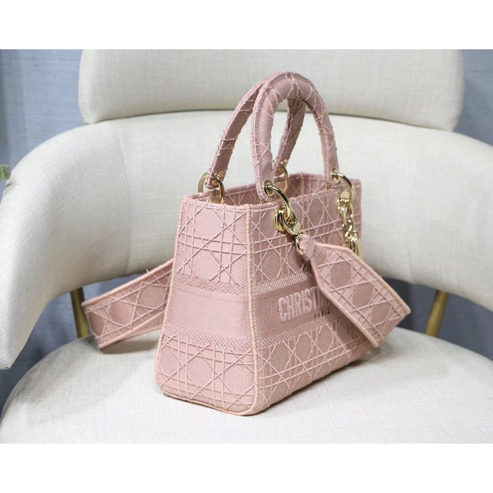 Dior Medium Lady D-Lite Bag In Pink Embroidered Canvas CDBS2561