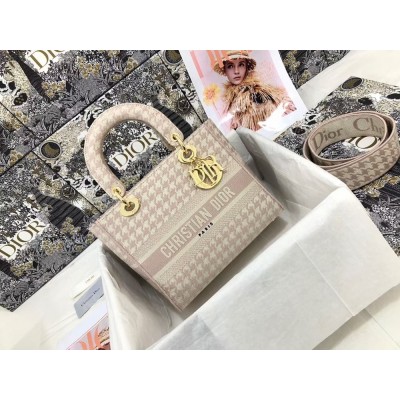 Dior Medium Lady D-Lite Bag In Pink Houndstooth Embroidery CDBS2562