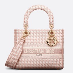 Dior Medium Lady D-Lite Bag In Pink Houndstooth Embroidery CDBS2562