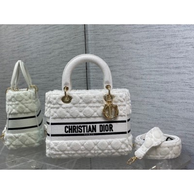 Dior Medium Lady D-Lite Bag In White Cannage Shearling CDBS2565