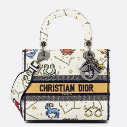 Dior Medium Lady D-Lite Bag In White Pixel Zodiac Embroidery CDBS2569